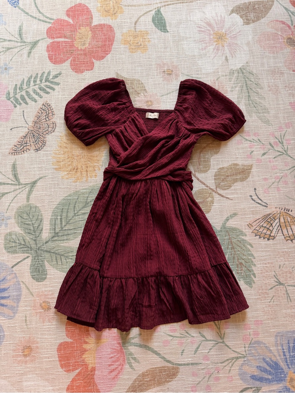 Altar'd State Girls' Wine Puff-Sleeve Wrap Dress